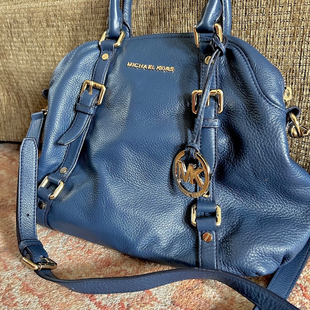 Michael Kors Bedford Large Bowling Satchel Navy Blue Supple Leather Gold Tone - Picture 2 of 11